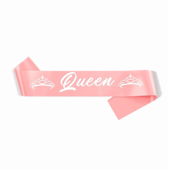 Queen Light Pink Satin Sash White Cursive Font Tiara Crown Print Girls Queen Birthday Shoulder Sash Party Accessory, 1 Count