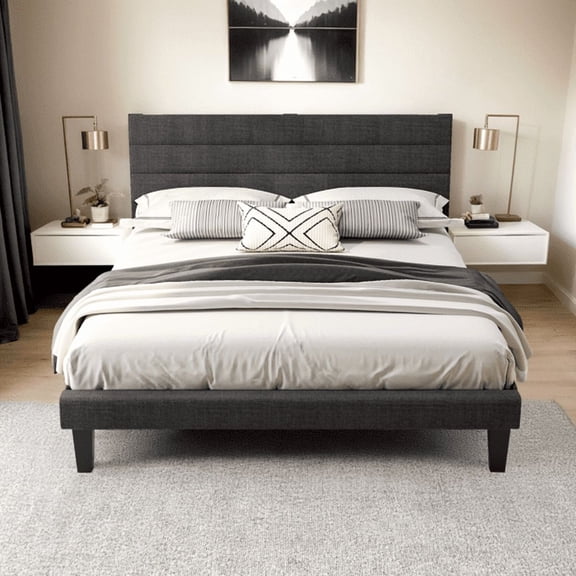 Queen Linen-Like Upholstered Bed Frame | Dark Gray Tufted Bed with Striped Headboard