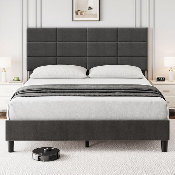 Queen Linen Upholstered Bed Frame with Headboard, Platform Bed Design, sōlid Wooden Slat Support, Noise-Free Construction, No Box Spring Needed, Grey