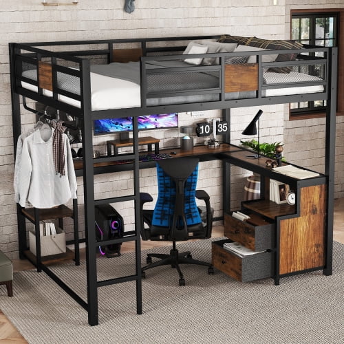 Queen Loft Bed with Desk and Storage Drawers, Metal Loft Bed Frame with Non-Woven Fabric Drawers, Ladder and Safety Guardrails for Bedroom, Apartment, Black