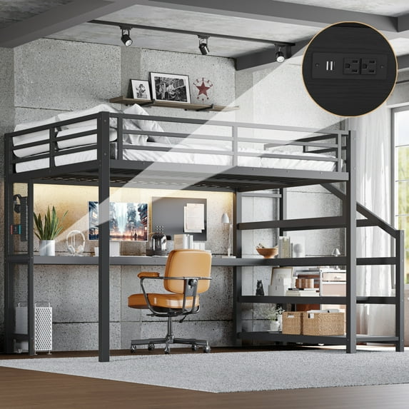 Queen Loft Bed with Desk and Storage Stairs, Metal Loft Beds with LED Lights, USB Ports, Multifunctional Iron Nets, No Spring Box Needed and Noise-free, Black