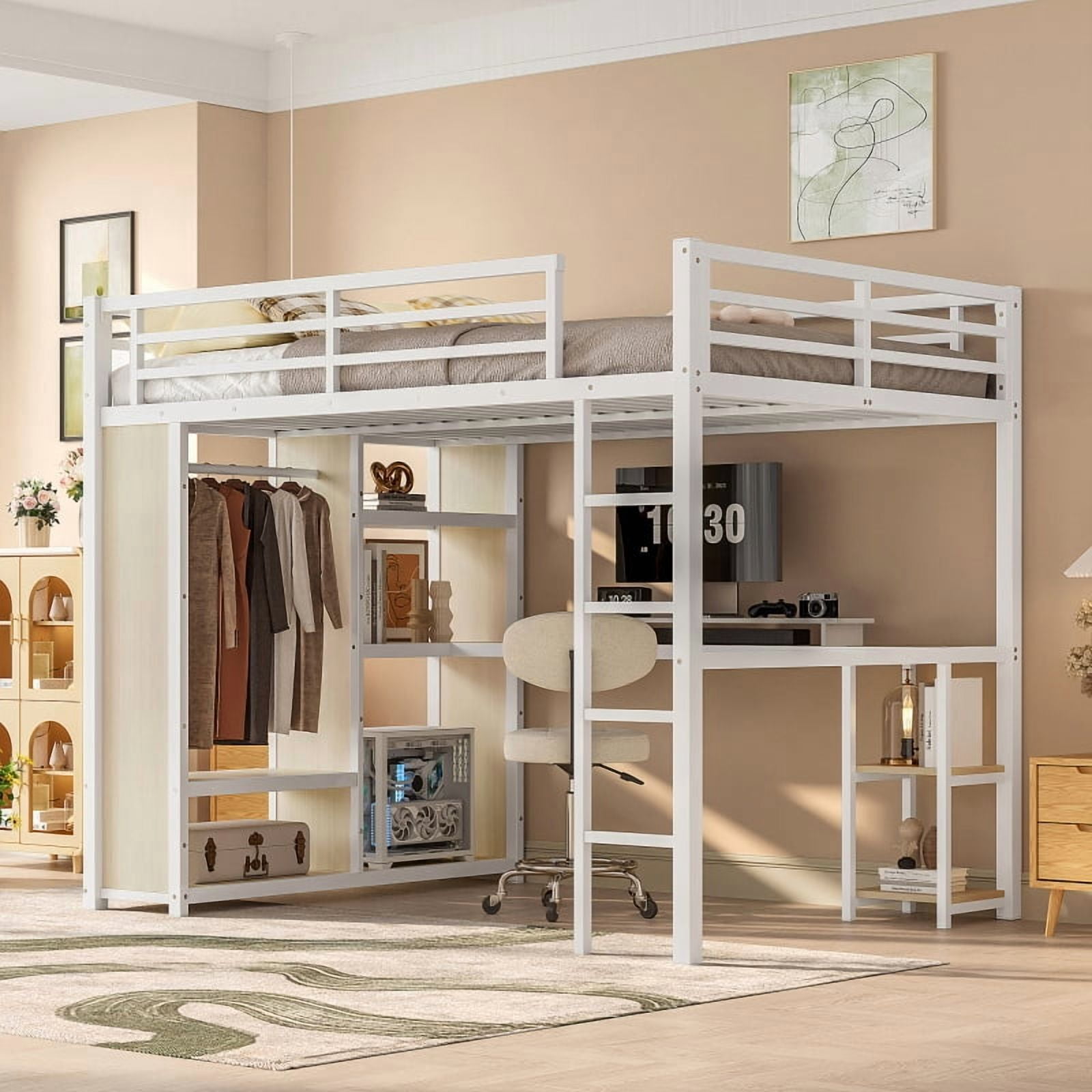 Queen Loft Bed Frame Built-in Wardrobe Metal Desk Storage Shelves White ...
