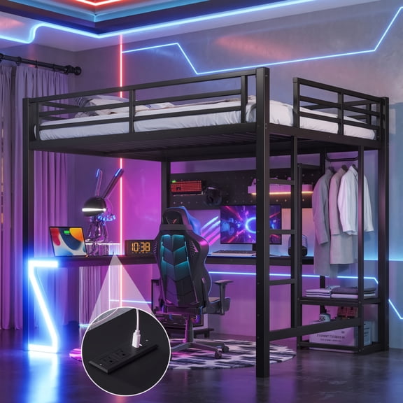 Queen Loft Bed Frame with L-Shaped Desk and Storage, Metal Loft Bed with USB Charging Ports, Computer Tray, Peg Board and Z-Shaped LED Lights,Black