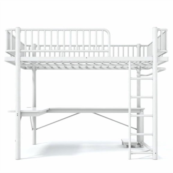 Queen Loft Bed with L-Shaped Desk,LED Light Strip and Charge Station, Metal Loft Bed with Computer Mainframe Tray and Hanging Area, Special Round Pipe Design, White