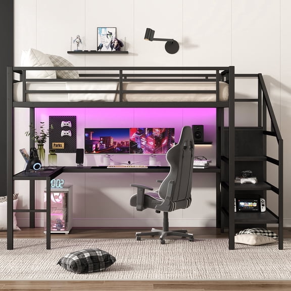 Queen Loft Bed with L-Shaped Desk and Wardrobe, Metal High Loft Bed Frame with USB Port and LED Lights, Storage Stairs and Adjustable Shelf, Black, Ships in 2 Boxes