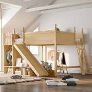 Queen Loft Bed with Storage Shelves and Wardrobe, Solid Wood Loft Beds with Detachable Slide and Ladders, No Spring Box Needed,Natural.Patent Protection