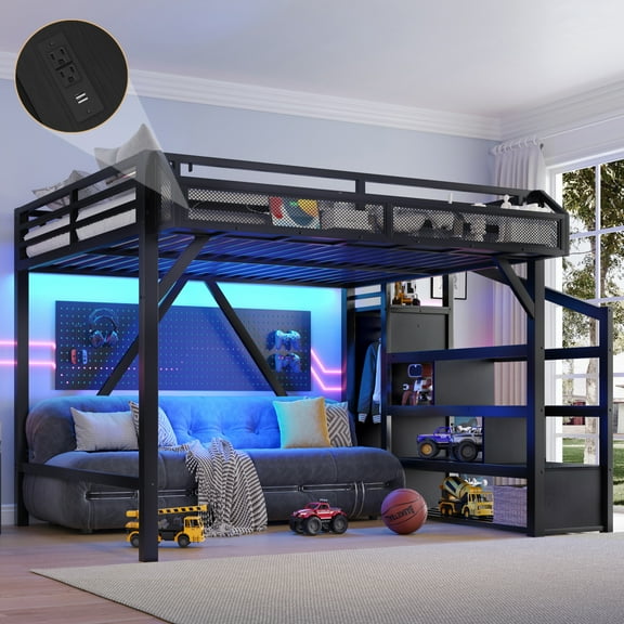 Queen Loft Bed with Storage Stairs, Shelves and Built-in Wardrobe, Metal Loft Bed Frame with USB Ports and LED Lights, Noise-reduced Design, Black Woodgrain