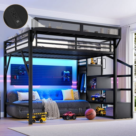 Queen Loft Bed with Storage Stairs, Shelves and Built-in Wardrobe, Metal Loft Bed Frame with USB Ports and LED Lights, Noise-reduced Design, Black Woodgrain