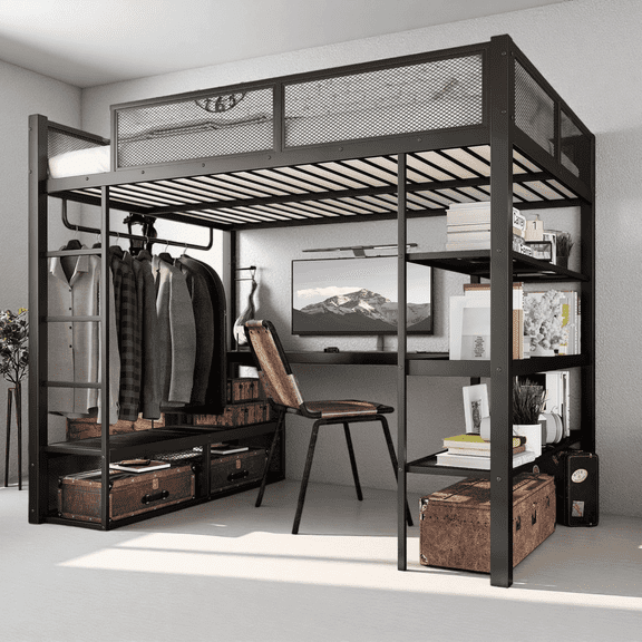 Queen Loft Bed with Desk and Storage Shelves, Metal Loft Bed Frame with Hanging Rod, Space-Saving Design for Bedroom, No Box Spring Needed, Black