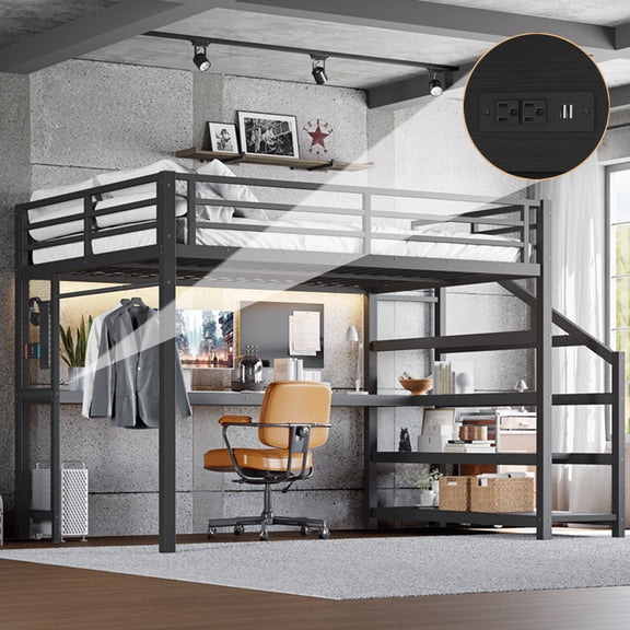 Queen Loft Bed with Desk and Storage Stairs, Multifunctional Metal Loft Bed with LED Lights and USB Ports, Black, No Box Spring Needed