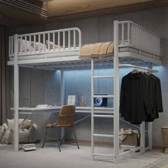 Queen Loft Bed with L-Shaped Desk, LED Lights & Charging Station, Metal Frame with Computer Tray, White