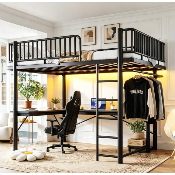 Queen Loft Bed with L-Shaped Desk, LED Lights & Charging Station, Metal Frame with Computer Tray and Hanging Area, Black