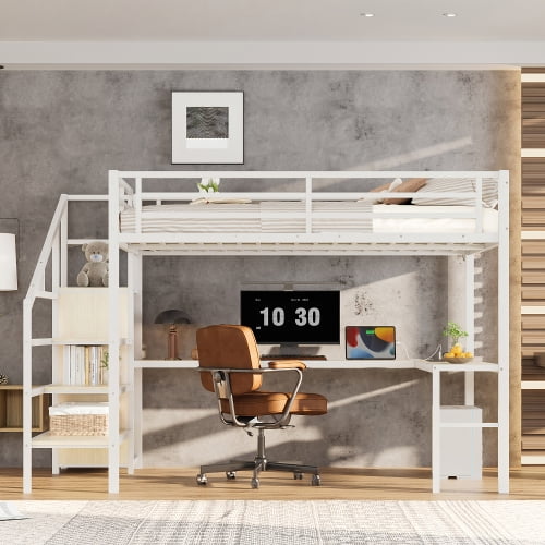 Queen Loft Bed with L-Shaped Desk, Metal High Loft Bed with Wardrobe, Stairs and USB Charging Station, Space Saving Loft Bed for Small Bedroom, White