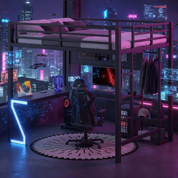 Queen Loft Bed with L-Shaped Desk, USB Charging, PC Tray & Gaming Lights, Metal Frame for Bedroom Dorm, Black