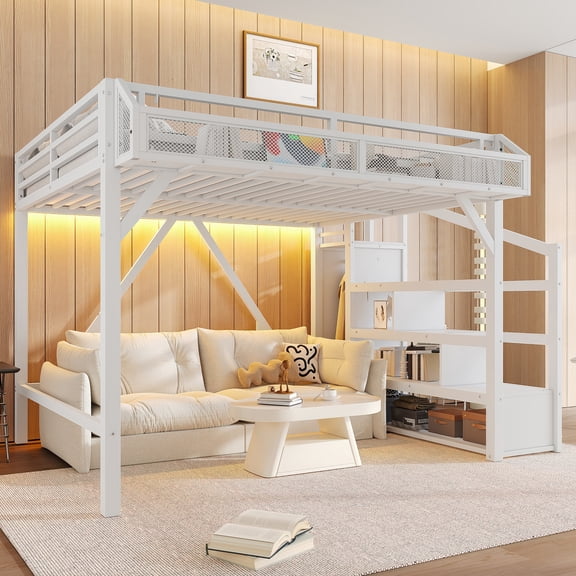Queen Loft Bed with Storage Stairs, Shelves and Built-in Wardrobe, Metal Loft Bed Frame with USB Ports and LED Lights, Noise-reduced Design, White