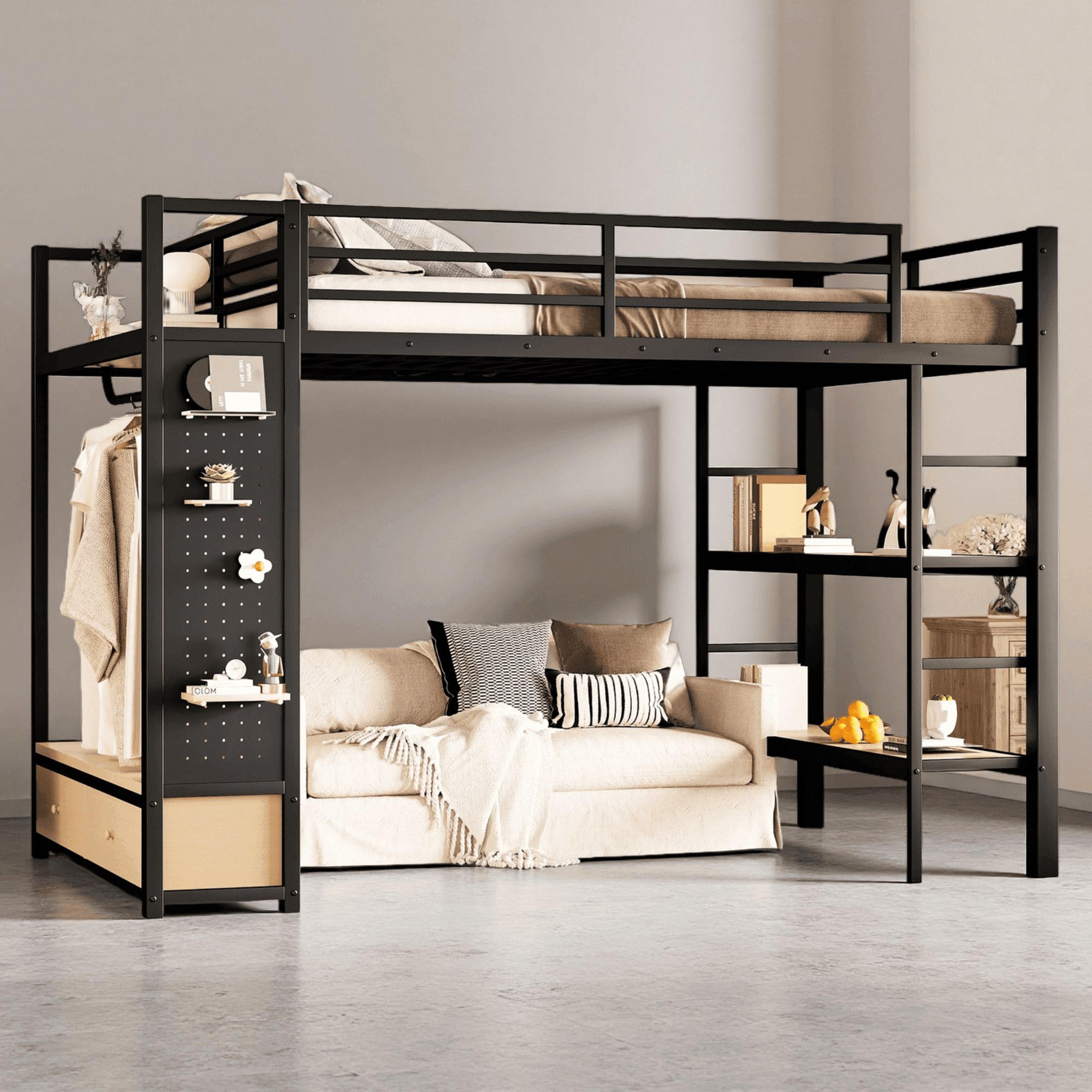 Queen Loft Bed with Wardrobe, Metal Loft Bed Frame with Storage Shelves ...