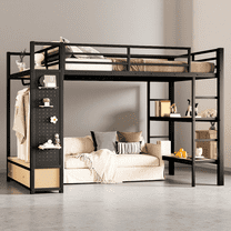 Queen Loft Bed with Wardrobe, Metal Loft Bed Frame with Storage Shelves & Pegboard, Space Saving All-in-One Bed with Desk, Black