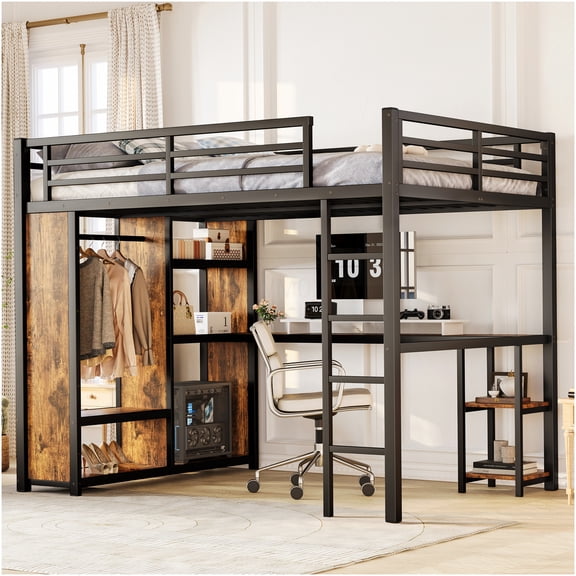 Queen Loft Bed with Wardrobe & Study Desk, Space Saving Metal Bunk Bed Frame with Shelves for Small Room