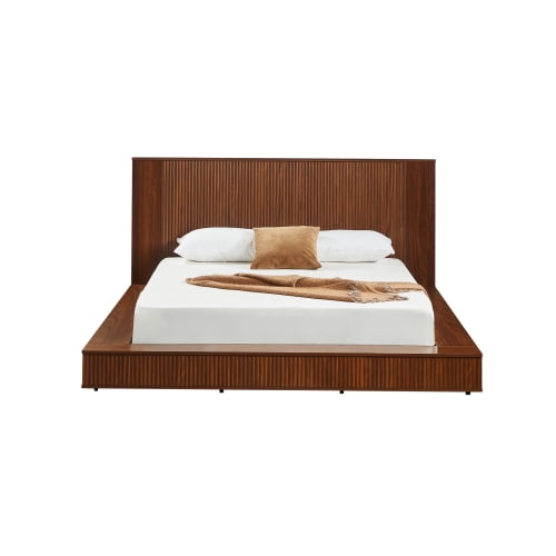 Queen Low Profile Walnut Solid Wood Platform Bed Frame, Vertical Fluted Panel Headboard & Footboard, Japandi Floor Bed, No Box Spring Required