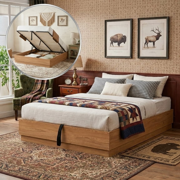Queen Luxury Lift up Storage Headboard-Free Platform Bed with Recessed Plinth Base,Sturdy Metal Frame,No Box Spring Needed,Easy Assembly,Light Brown