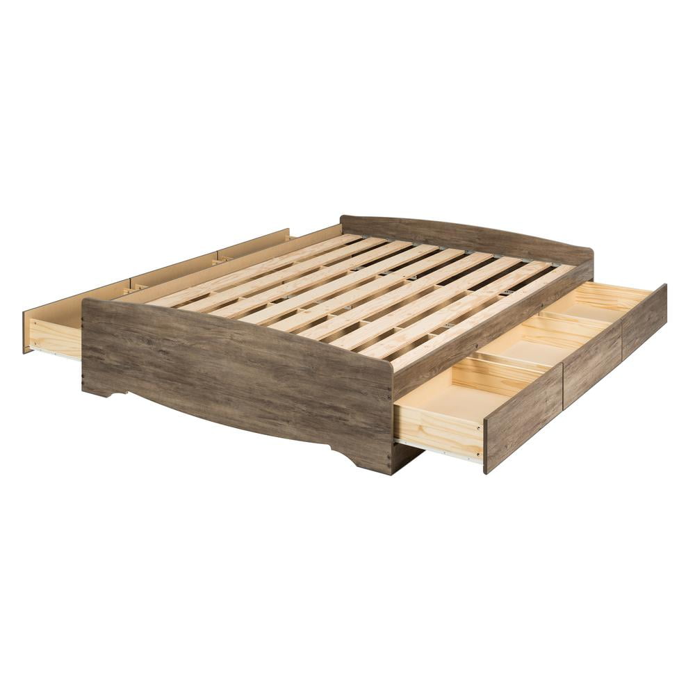 Queen Drifted Gray Wood Platform Storage Bed with 6 Drawers