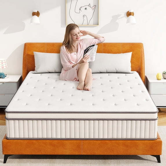 Queen Mattress 12 Inch Hybrid Mattress in a box, Gel Memory Foam and Spring Mattress Support and Pressure Relief , Medium Firmness,White