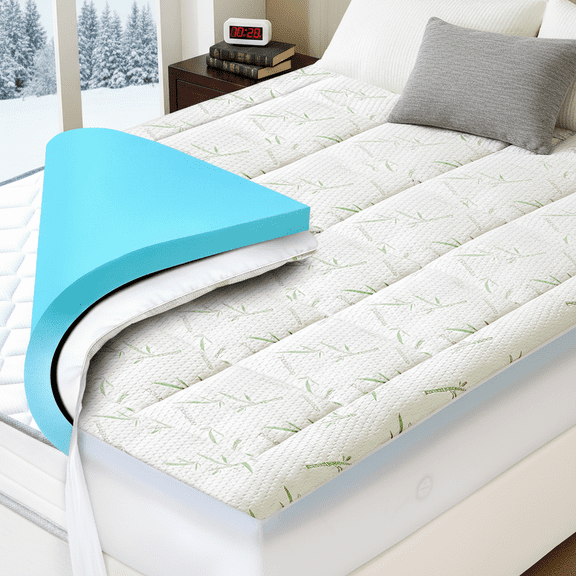 Queen Size 4 Inch Dual Layer Memory Foam Mattress Topper, 2 Inch Cooling Gel Foam + 2 Inch Pillow Top Cover, Medium Support Bed Pad for Back Pain Relief