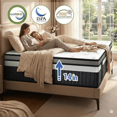 Queen Mattress, 14 Inch Hybrid Mattress in a Box, Memory Foam and Pocket Springs, Medium Plush Feel with Motion Isolating, CertiPUR-US Certified, Fiberglass Free