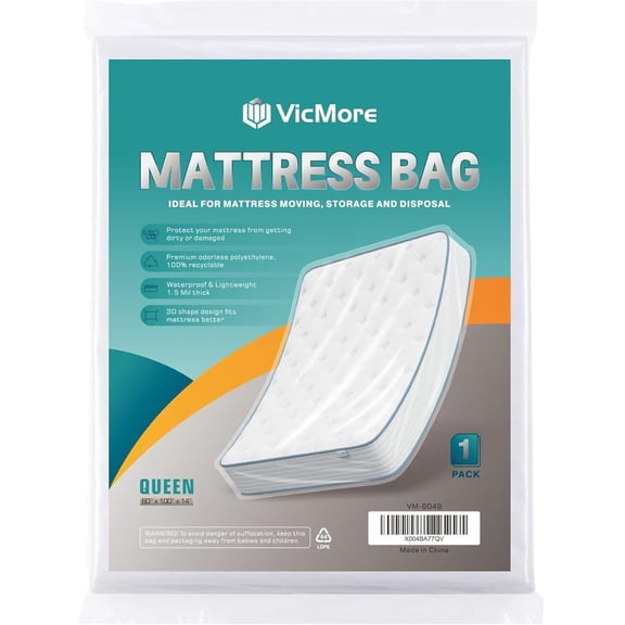 Queen Mattress Bag for Moving, Storage & Disposal, 1.5 Mil Heavy-Duty Plastic Mattress Cover, Tear-Resistant, Dustproof, Reusable (Fits Queen Size Beds)