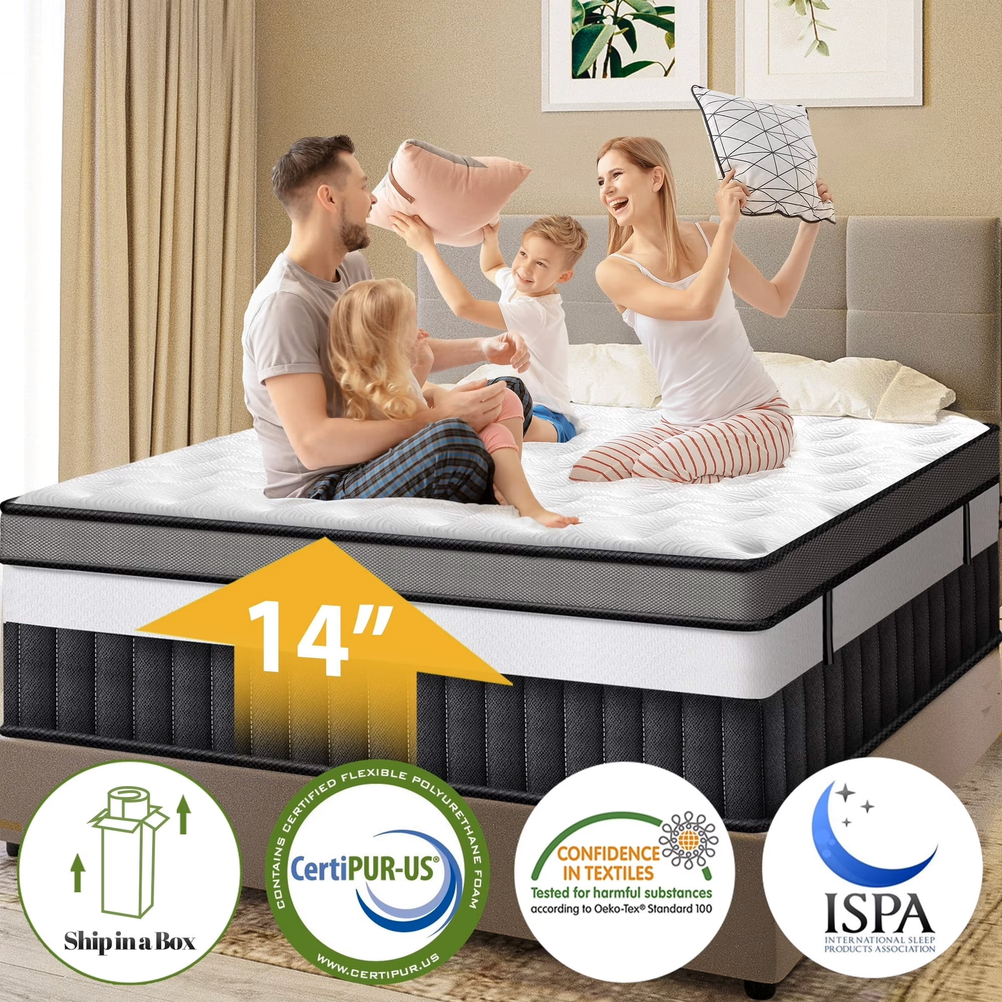 Queen Mattress, 14 Inch Memory Foam Mattress Queen Size, Innerspring Hybrid Queen Bed Mattress in a Box Medium Firm with Motion Isolation & Strong Support & Pressure Relief, CertiPUR-US