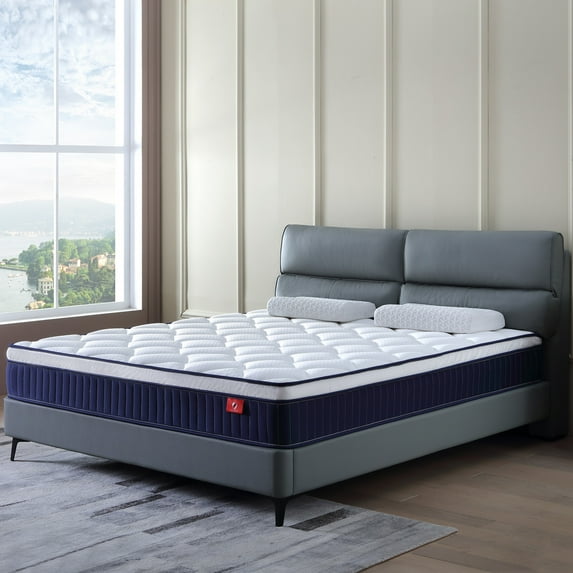 Queen Mattress,Hybrid Innerspring and Memory Foam Mattress in a Box,Medium Firm Support with Cooling Fabric,CertiPUR-US Certified,80"x60"x10",White+Blue
