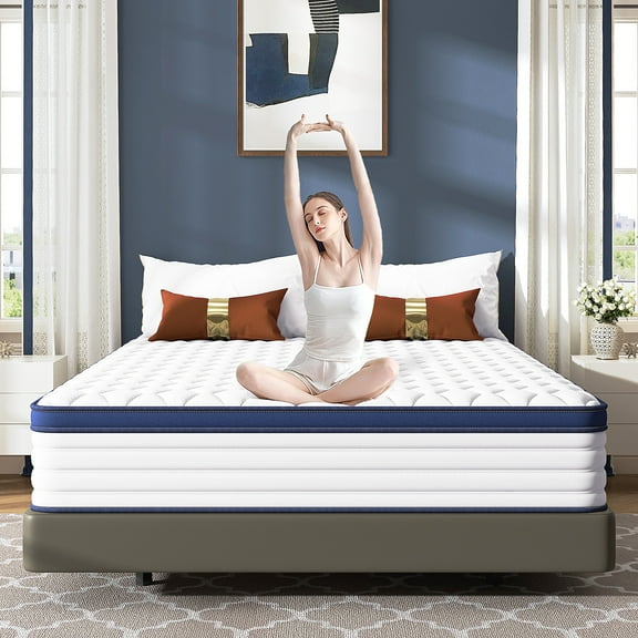 Queen Mattress, UHOMEPRO 12" Hybrid Gel Memory Foam Mattress in a Box, Individually Wrapped Pocket Coils, Cool Queen Size Mattress with Zoned Pressure Relief and Edge Support, Medium Firm, Blue