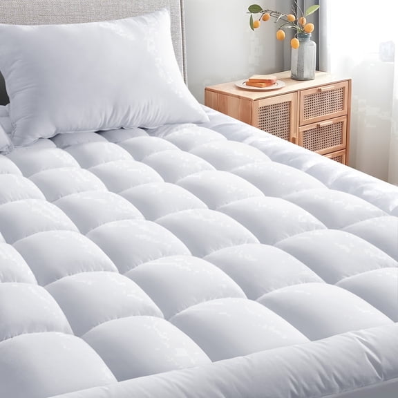Queen Mattress Pad - Quilted Fitted Mattress Topper Protector, Soft Noiseless Pillow Top Cover with 8-21" Deep Pocket, Cooling Breathable 4D Spiral Fiber 60x80" White, Basic Plush (130 GSM)