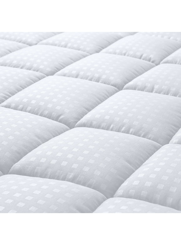 Queen Mattress Pad Quilted Fitted Mattress Protector Cooling Pillow Top Mattress Cover Breathable Fluffy Soft Mattress Topper with 8-21" Deep Pocket,White