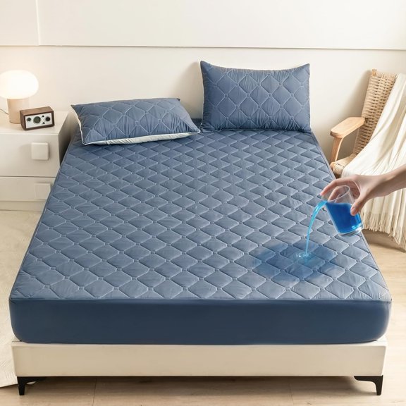 Queen Mattress Protector Set Waterproof 18 Pocket Depth Blue 3 Pieces OEKO-TEX Certified TPU Backing Machine Washable Fitted Sheet Plus 2 Pillow Covers