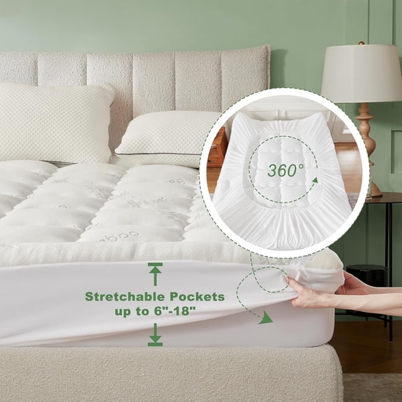 Queen Mattress Topper Viscose Derived from Bamboo, Thick Pillow Top Mattress Pad with Stretchable Pockets for 6-18 inches Mattress, Soft Breathable Mattress Topper for Back Pain Relief
