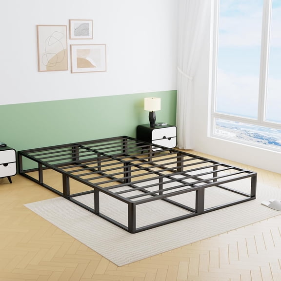Queen Metal Bed Frame Round Corner Low Platform Steel Slats Support Mattress Foundation No Box Spring Needed Noise Free Easy Assembly Black