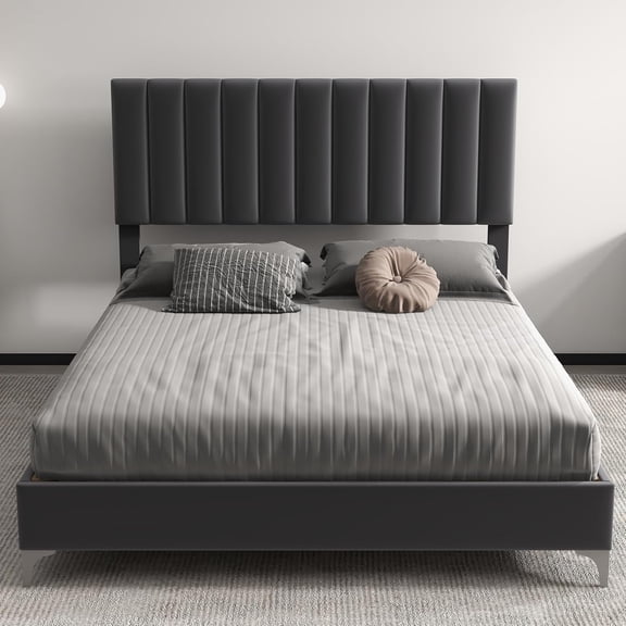 Queen Metal Bed Frame with Velvet Headboard Adjustable, Strong Wooden Slat Support, No Box Spring Needed, Noise Free Sleep,Easy Assembly, Dark Grey with Sturdy Steel Slats