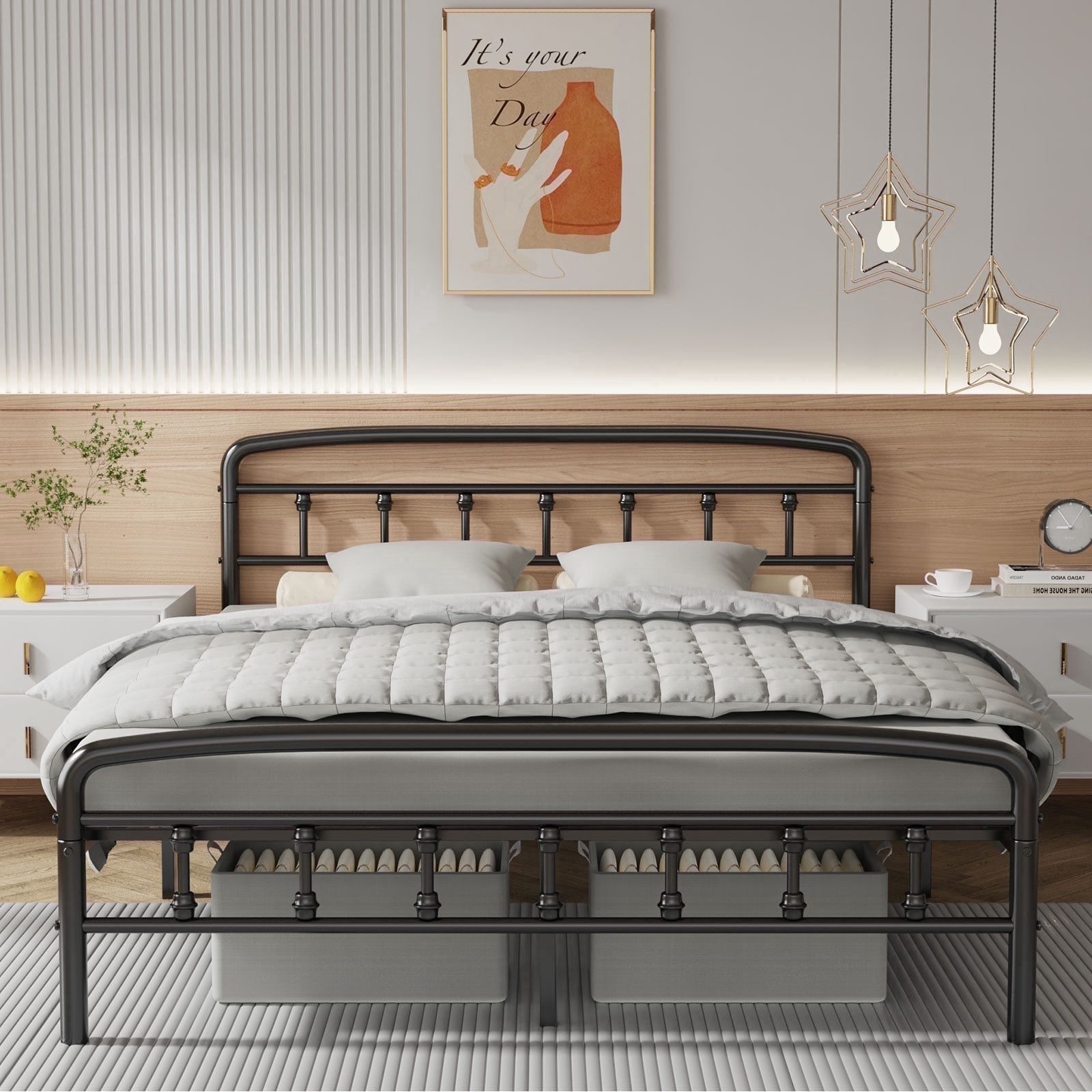 Queen Bed Frame with Headboard,Victorian Style Headboard and Footboard, No Squeak, Heavy Duty 1500lbs Support, Easy 30-Min Tool-Free Assembly, No Box Spring Needed/Underbed Storage