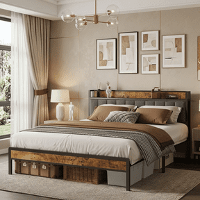 Queen Bed Frame with Headboard and Footboard for Bedroom, Metal Platform Bed with Under Bed Storage,All Sturdy Metal Support, No Box Spring Needed, Retro