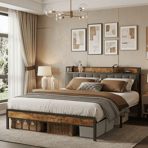 Queen Bed Frame with Headboard and Footboard for Bedroom, Metal Platform Bed with Under Bed Storage,All Sturdy Metal Support, No Box Spring Needed, Retro