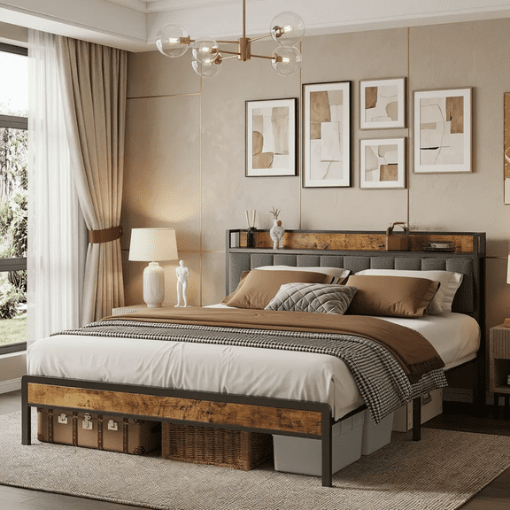 Queen Bed Frame with Headboard and Footboard for Bedroom, Metal Platform Bed with Under Bed Storage,All Sturdy Metal Support, No Box Spring Needed, Retro