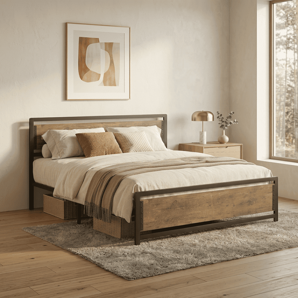 Queen Metal Bed Frame with Wooden Headboard, 15 Heavy Duty Slats, Large Under-Bed Storage, Noise-Free, No Box Spring Needed, Easy Assembly, Retro Rivet Design.