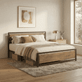 thumbnail image 1 of Queen Metal Bed Frame with Wooden Headboard, 15 Heavy Duty Slats, Large Under-Bed Storage, Noise-Free, No Box Spring Needed, Easy Assembly, Retro Rivet Design., 1 of 10