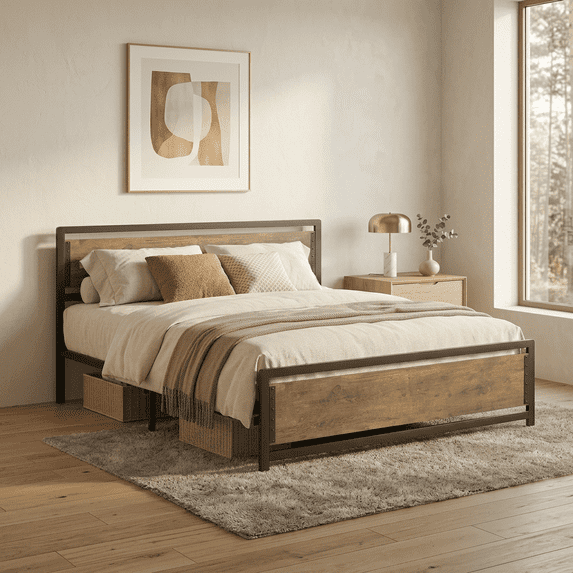 Queen Metal Bed Frame with Wooden Headboard, 15 Heavy Duty Slats, Large Under-Bed Storage, Noise-Free, No Box Spring Needed, Easy Assembly, Retro Rivet Design.