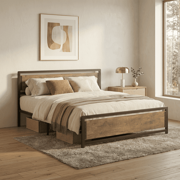 Queen Metal Bed Frame with Wooden Headboard, 15 Heavy Duty Slats, Large Under-Bed Storage, Noise-Free, No Box Spring Needed, Easy Assembly, Retro Rivet Design.