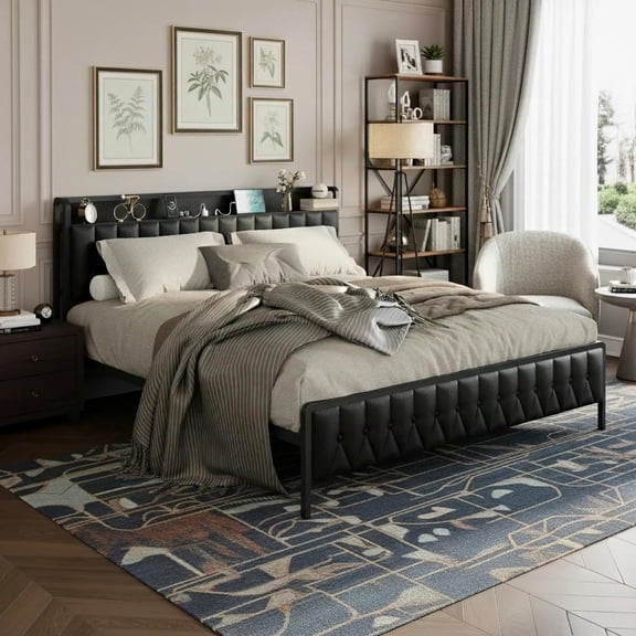 Queen Metal Bed Frame with Charging Station and Soft PU Faux Leather Headboard, Noise-Free, Easy Assembly, No Box Spring Needed, Black