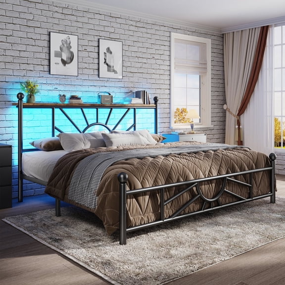 Queen Metal Bed Frame with LED Light,Headboard & Footboard,Under Bed Storage,Noise-Free Design,Easy Assembly,No Box Spring Needed, Black