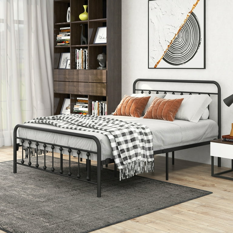 Queen Metal Bed HSUNNS Black Queen Size Metal Platform Bed Frame with Headboard and 12 Under bed Storage Metal Queen Bed for Boys Girls No Box
