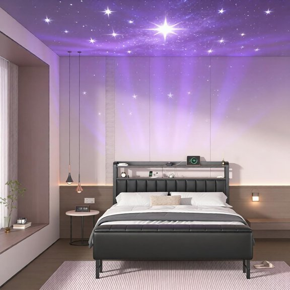 Queen Metal Bed with Star Projector & Charging Station, Upholstered Bed frame with PU Leather Headboard, Heavy Duty Beds with Storage Ottoman, Metal Support, Noise-Free, No Box Spring Needed, Black